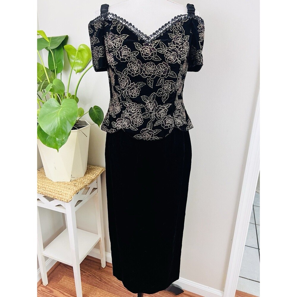 Vintage Scott McClintock Black Velour White Floral Metallic Dress Sz 10 Made USA